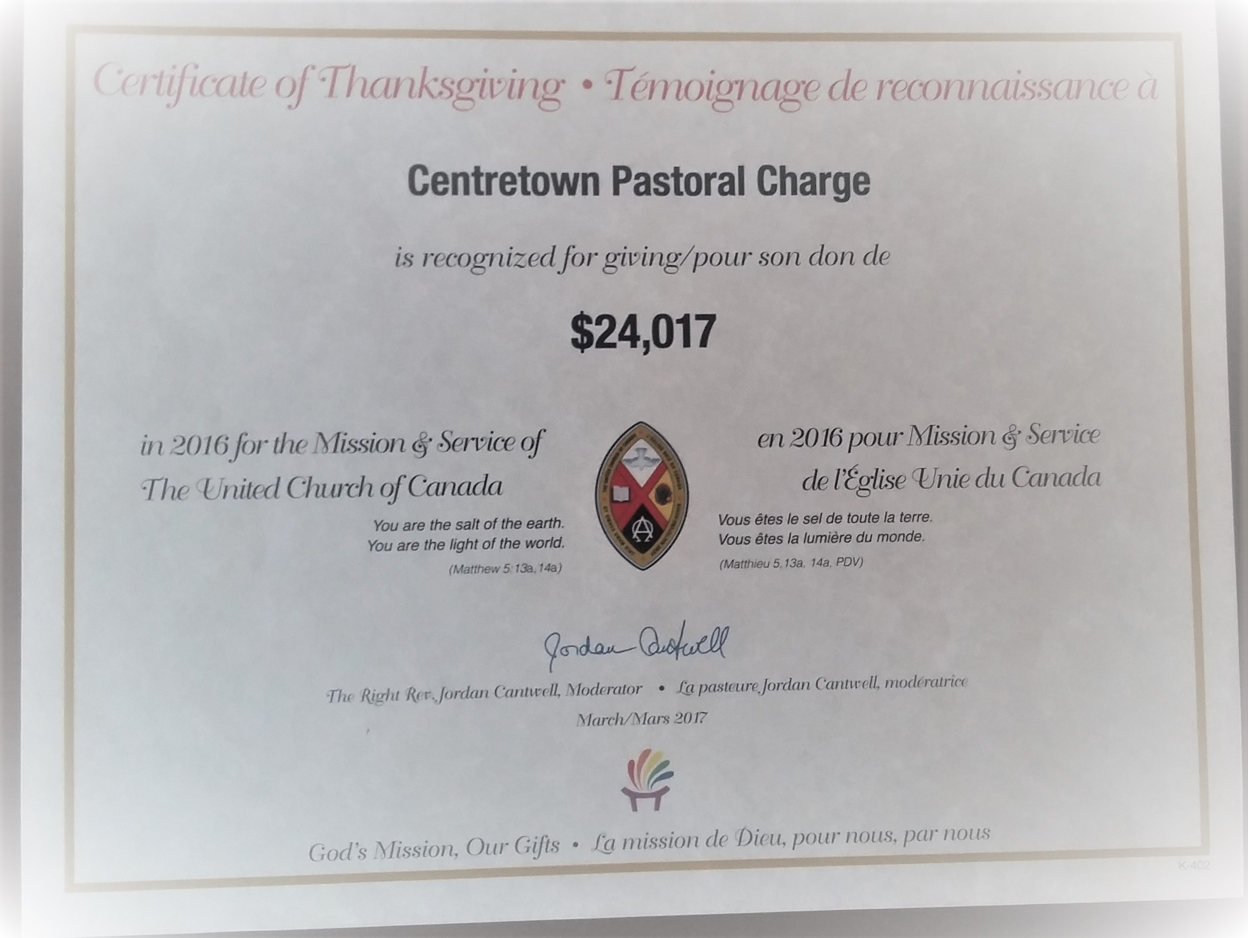 2016 Certificate of Thanksgiving M&S